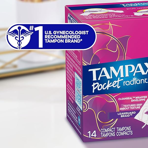 TAMPAX COMPACT RADIANT TAMPONS FOR WOMEN MULTIPACK, WITH LEAKGUARD BRAID & EXTENDABLE APPLICATOR, REGULAR/SUPER ABSORBENCY, UNSCENTED, 84 COUNT (3 PACKS OF 28)