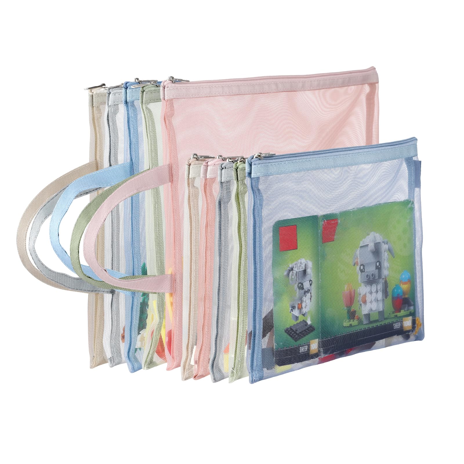 Colored Mesh Zipper Pouch Bags, 10A4&10A5 Single-Layer Nylon Puzzle Building Block Sets Toy Storage & Organization, Breathable See Through Zipper Pouch with Handle for School Office Games