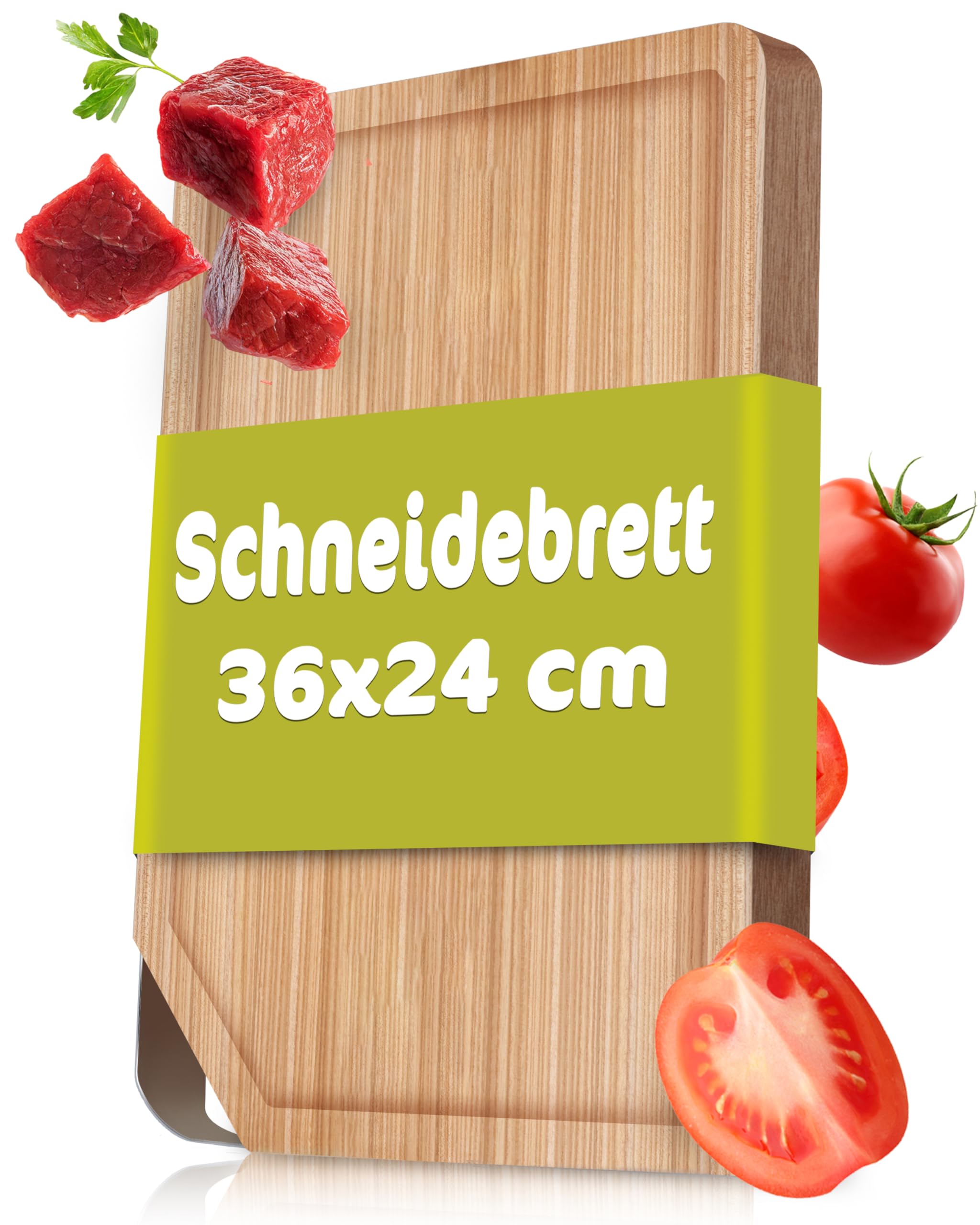 Rösle Chopping Board with Stainless Steel Handle, 36 x 24 cm, Wooden Chopping Board Made of Robust Elm Wood, Wooden Chopping Board for Universal Use, Non-Slip Kitchen Board and Serving