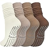 4 Pairs Grip Pilates Socks for Women Yoga Scrunch Slouch Non Slip Long Socks with Grippy Pilates Barre Workout Slipper 5-9