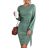 HOTOUCH Women's Knit Dress Long Lantern Sleeve Bodycon Dress Crewneck Tie Waist Rib Knitted Sweater Dresses
