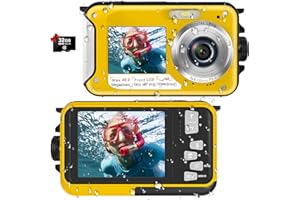 YISENCE Waterproof Digital Camera Underwater Camera Full HD 2.7K 48 MP Video Recorder Selfie Dual Screens 16X Digital Zoom Flashlight Waterproof Camera for Snorkeling (Yellow)