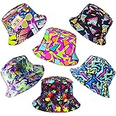6 Pack Retro 80s 90s Bucket Hats for Men Women, Funny Retro Party Hats, Vintage Print Fisherman Hats for Disco Hip hop Party, Unisex Reversible Portable Hat Outdoor Fashion Sun Cap Colorful