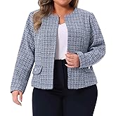 Agnes Orinda Plus Size Tweed Blazer for Women Collarless Long Sleeve Open Front Work Business Jacket Suits Casual 2025