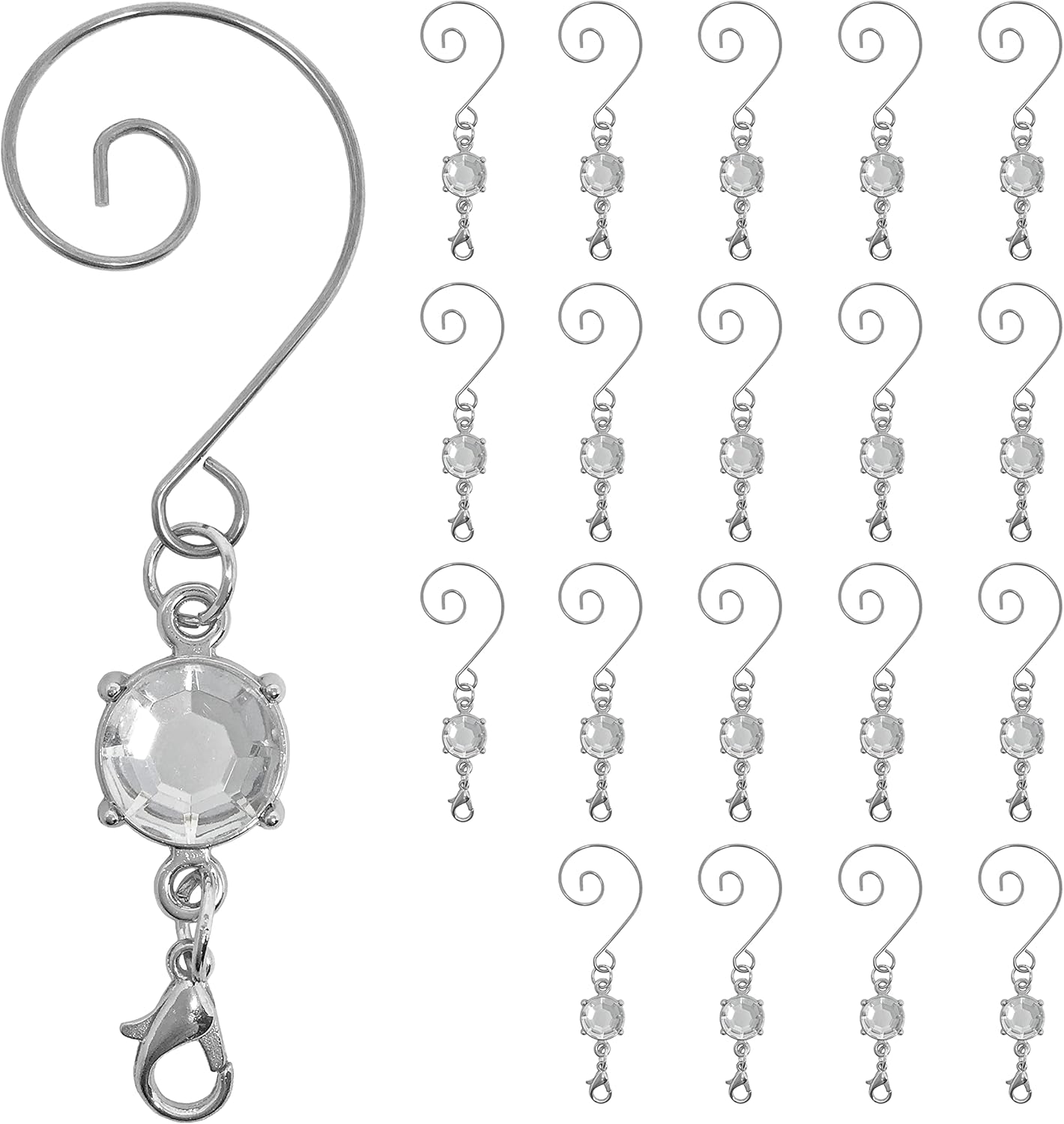 Ornament Hooks - BANBERRY DESIGNS Ornament Hooks - Set of 20 Clear Crystal Decorative S-Hooks - Silver Wire Hangers for Christmas Tree Decorating - 3 Inches Long