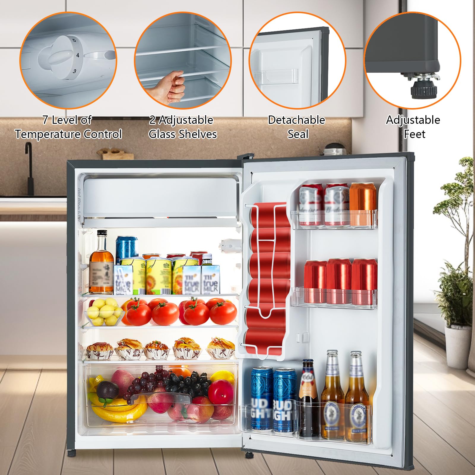 Takywep Mini Fridge With Freezer, 4.3 Cu.Ft Single Door Refrigerator - Adjustable Thermostat, Reversible Doors, Ideal for Dorm, Office, Rv, Garage, Apartment, Black