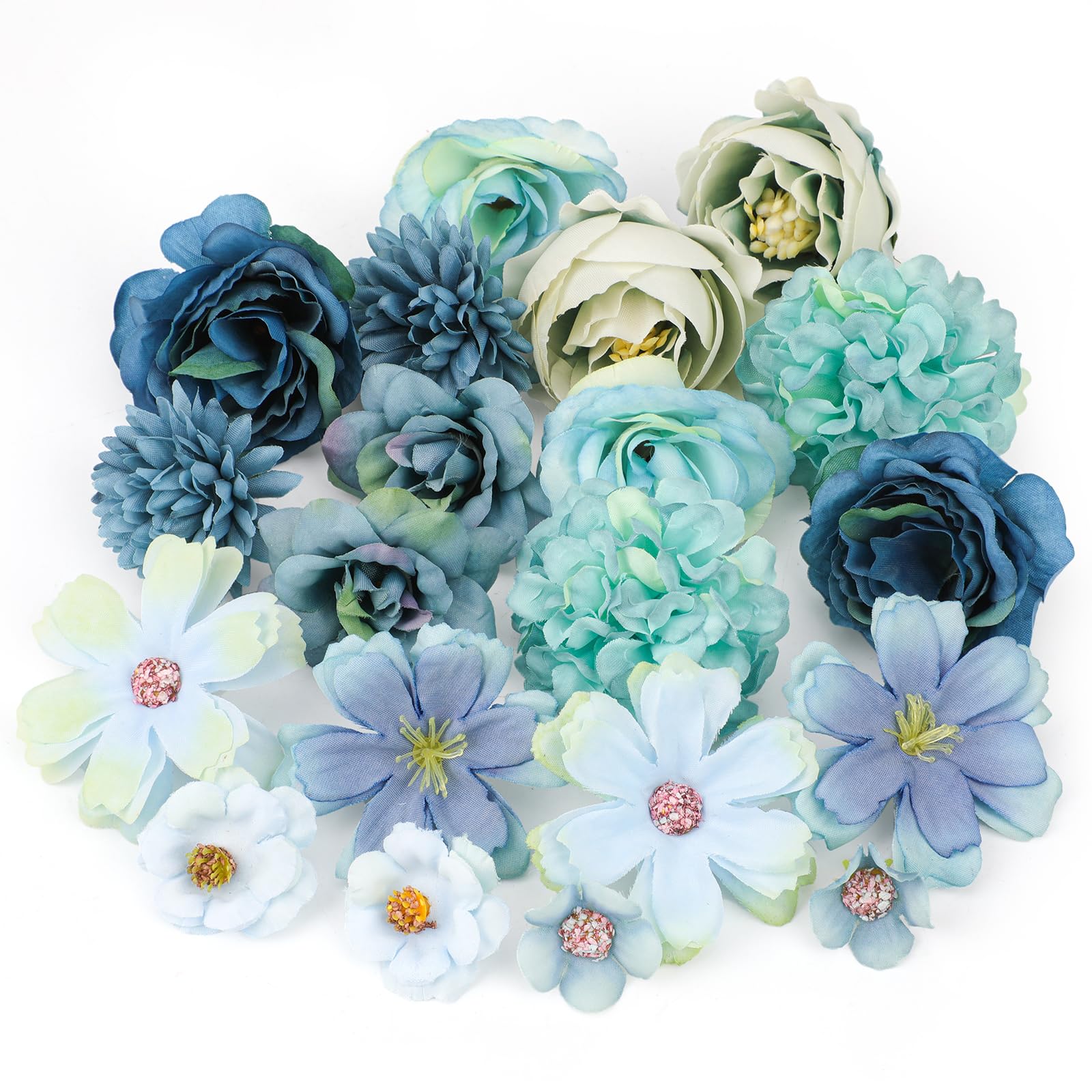 MWOOT 20 Pcs Artificial Flower Heads, Small Faux Flowers for Crafts, Fake Rose Peony Cherry Flowers Heads for DIY Wreath Cake Wedding Bouquet Party Home Garden Decoration (Blue)