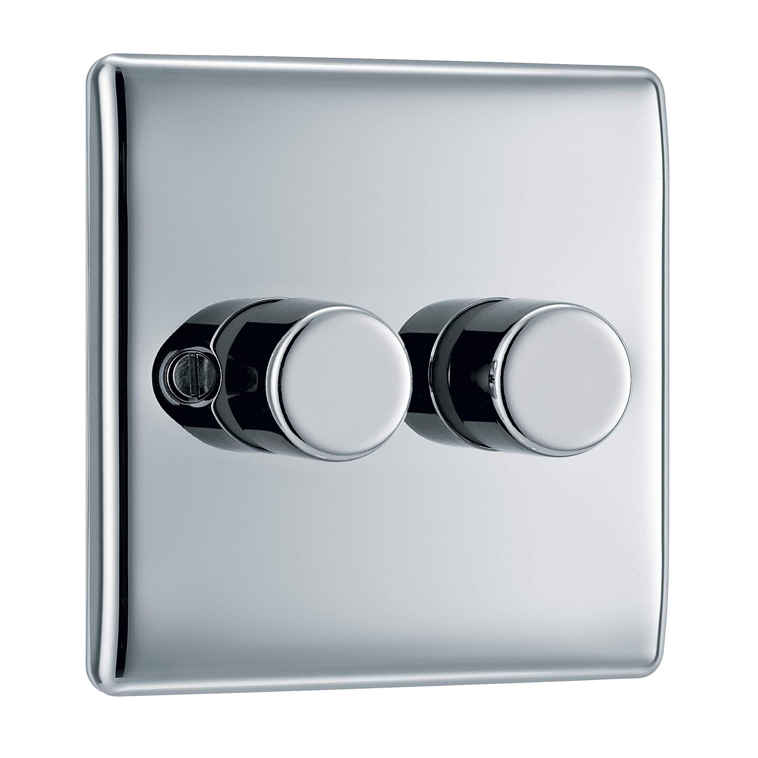 BG Electrical Intelligent Double Wall Dimmer Switch, 2 Way, Raised Profile, Round Edges, Nexus Metal, Polished Chrome, 400W, NPC82 — image 1
