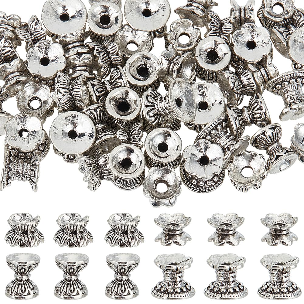 SUNNYCLUE 64Pcs Flower Bead Caps Silver Flowers End Cap Tibetan Alloy Double Sided Vintage Spacer Beads Caps for Beads Bead Assortments DIY Bracelet Necklace jewellery Women Adult Making Accessory Cra