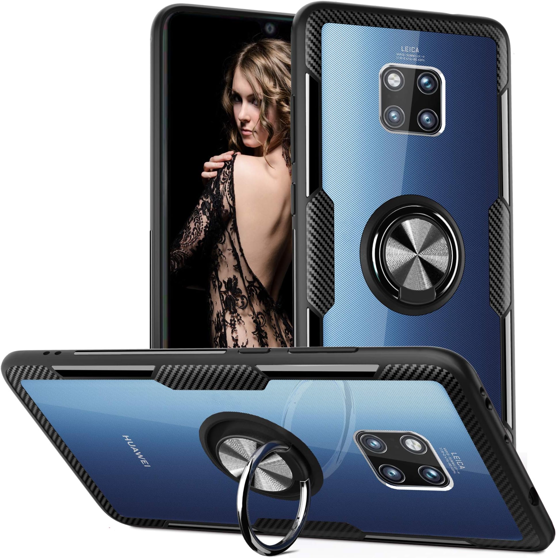 Qseel for Huawei Mate 20 Pro Clear Ring Armor Case, One-Piece Shockproof Cover Hybrid Defender Combined with High-Density TPU Rim, Hard Crystal PC Panel and Built-in Ring Holder (Mate 20 Pro, Black)