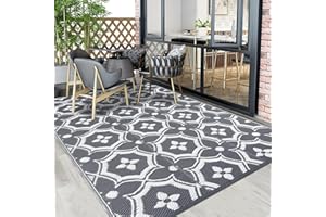 Vaukki Reversible Rug, Plastic Straw Outdoor Mat Fade Resistant Plastic Outdoor Patio Mat, Lightweight Ocean Area Carpet for Patio, RV, Camping, Deck, Backyard and Picnic (Grey and White, 4'x6')