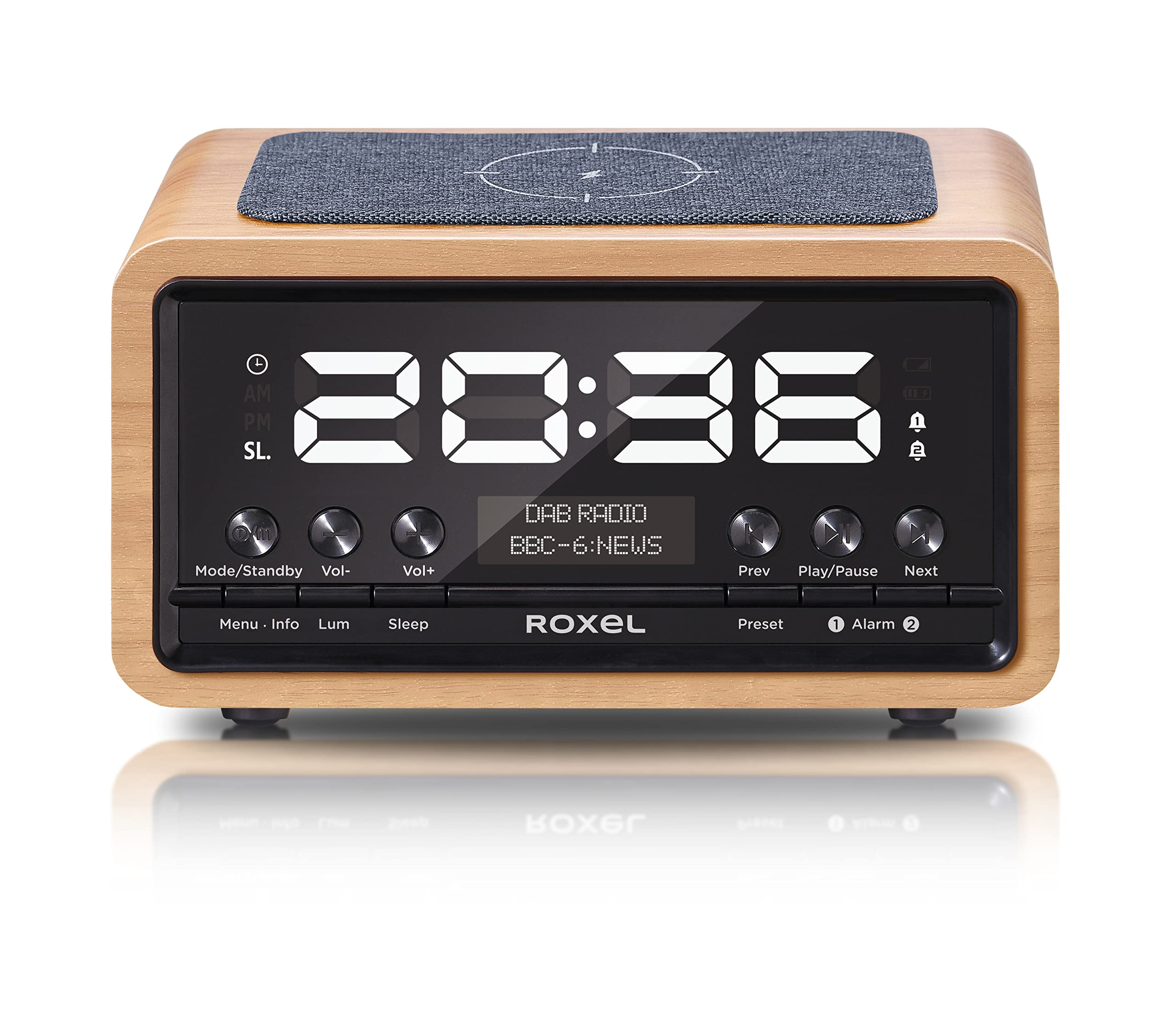 Roxel Nod Bedside Radio, DAB/DAB+ & FM Radio, Alarm Clock, Wireless Phone Charging, Large Digit Display, Dual Bedside Alarm Clock with Wireless Streaming (Oak)