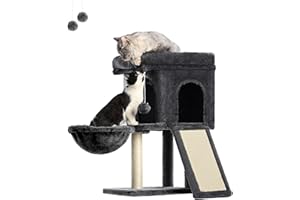 FourFurPets Cat Tree, 27in Cat Tower, Cat Condo for Kittens, Large Cat Perch, Cat Caves, Cat Basket, Sisal Scratching Board, Smoky Gray