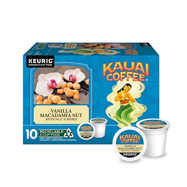 KAUAI COFFEE K-CUP PODS FOR KEURIG BREWERS – ARABICA COFFEE, 10% HAWAIIAN – MEDIUM ROAST, VANILLA BEANS WITH TOASTED MACABAMIA NUTS – VANILLA MACADAMIA NUT, 1 PACK OF 10 SINGLE SERVE K-CUPS