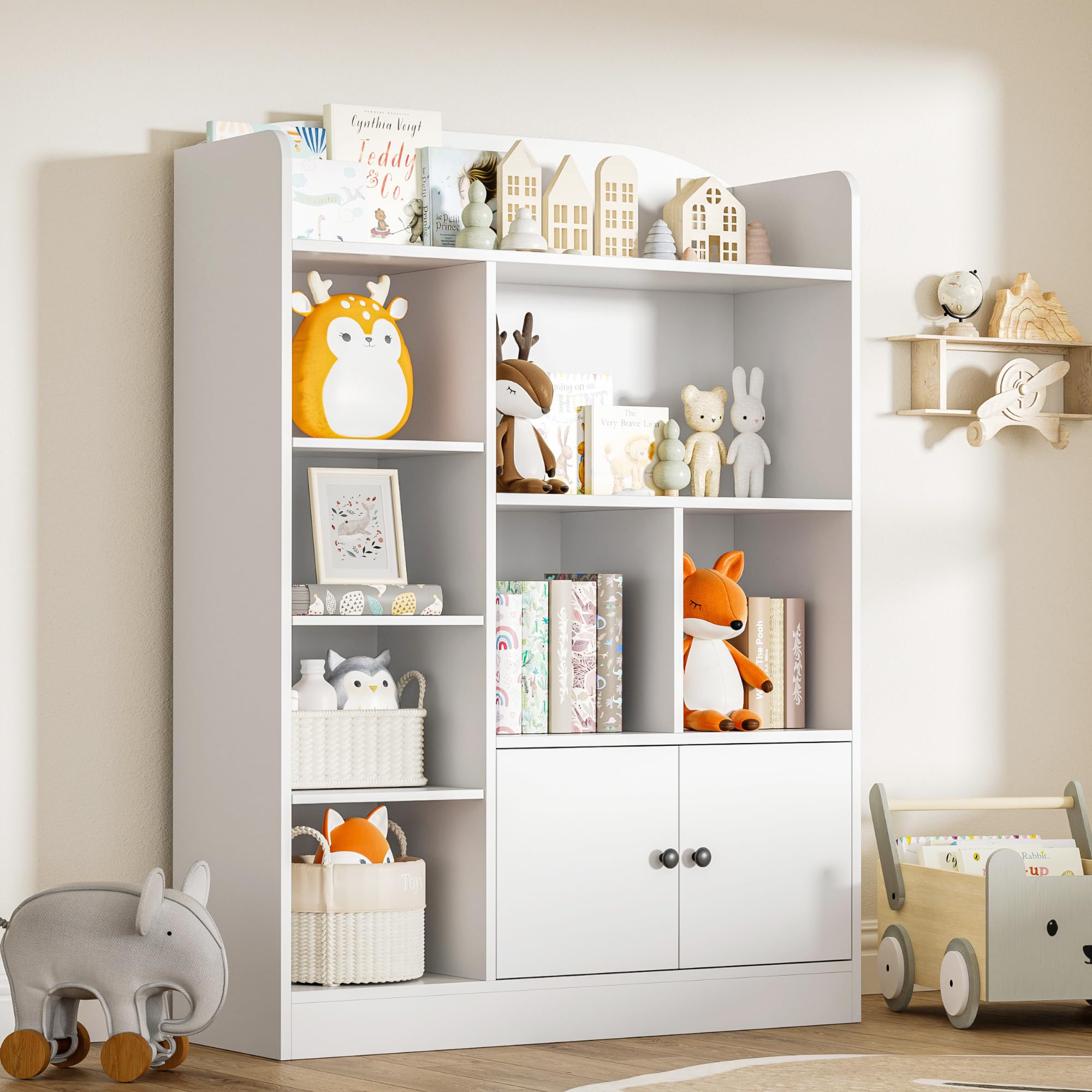 Photo 1 of *FOR PARTS ONLY* DIYART White Kids Bookshelf, Kids Bookcase with 7 Cubbies and 2 Cabinets, Freestanding Book Storage Shelves for Bedroom, Playroom, Hallway