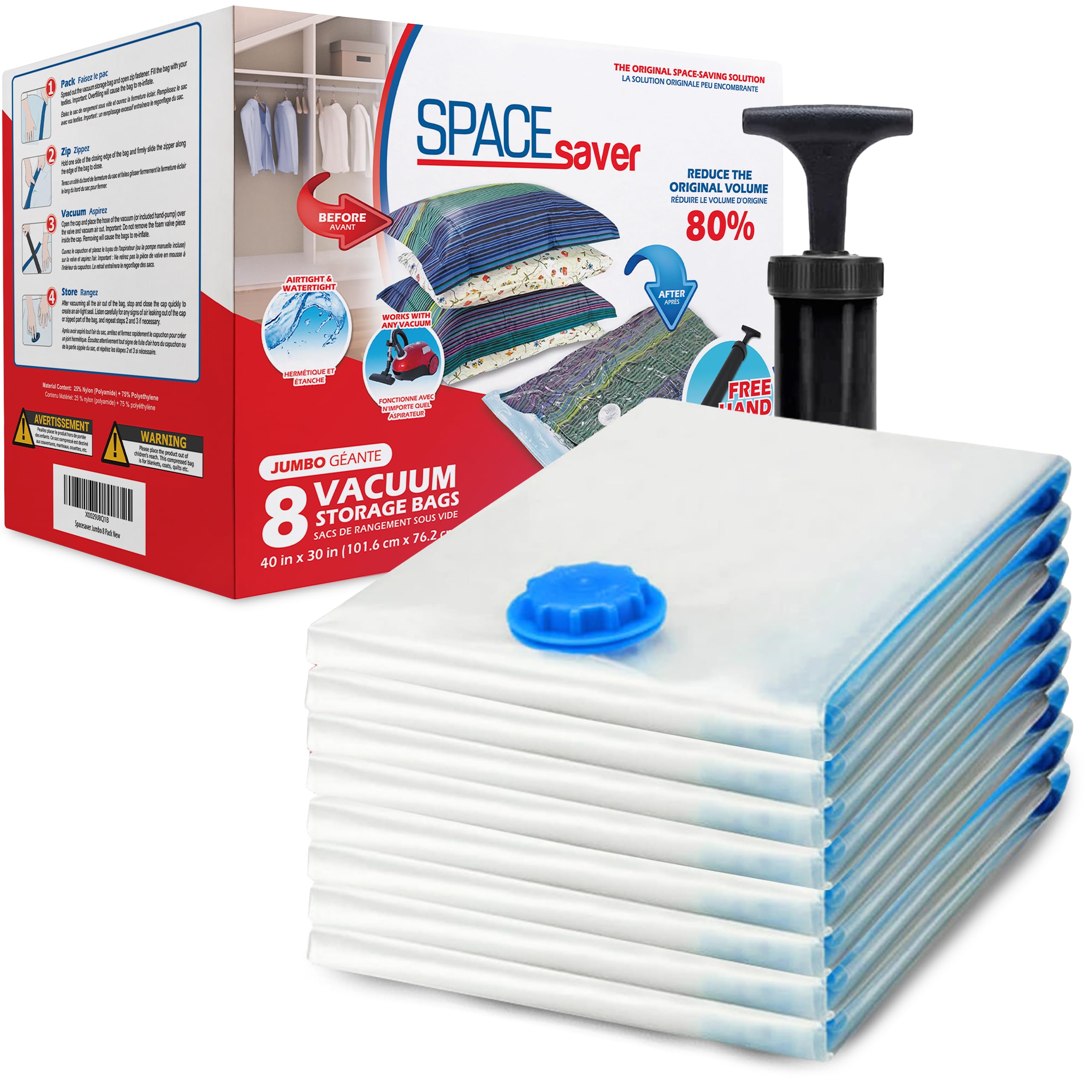 SpaceSaver Vacuum Storage Bags - Clothes & Bedding Storage - JUMBO 8-Pack with Pump