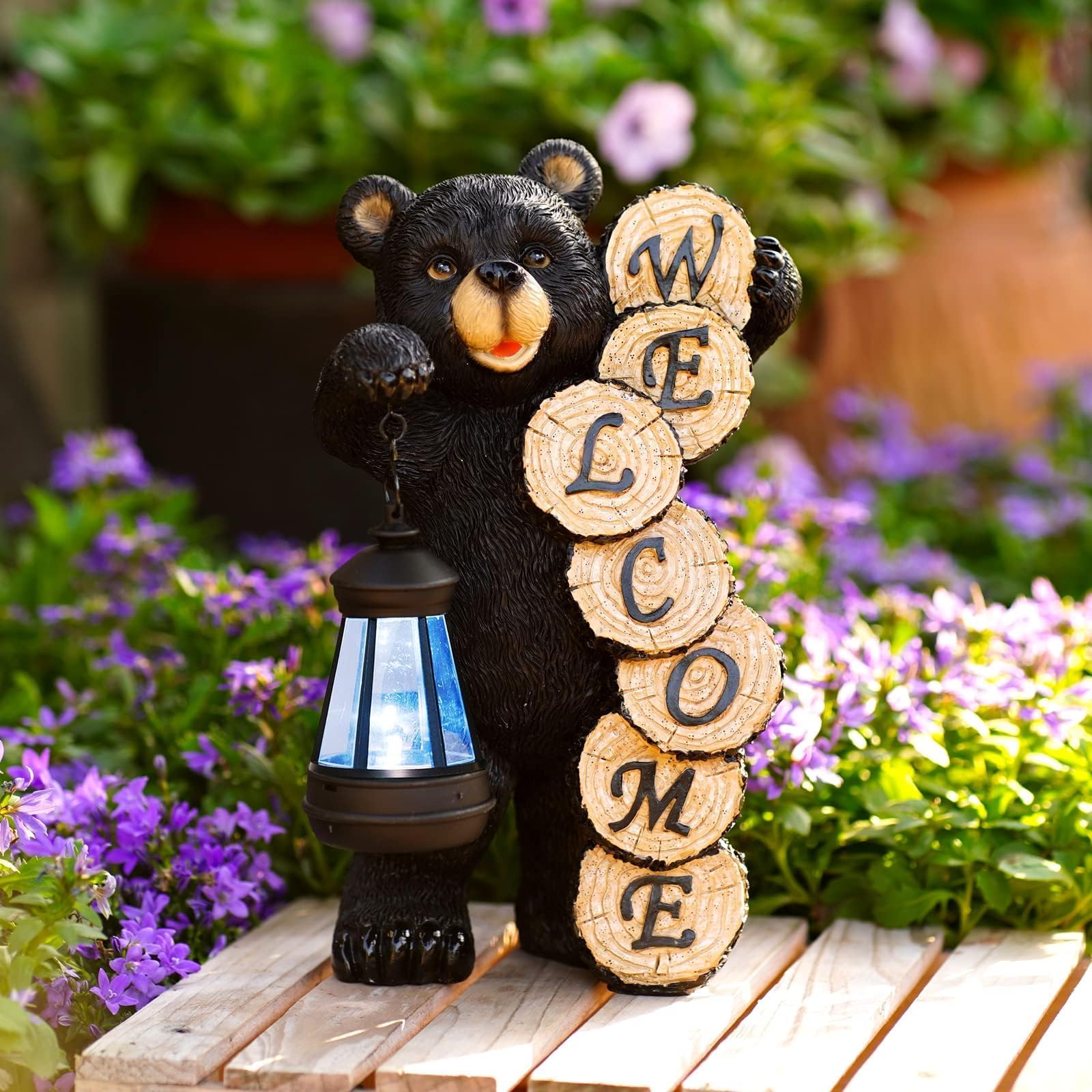 Qeeman Solar Bear for Garden Decor: Weatherproof Resin Statues with Lantern for Outdoor Outside Yard Pathway Patio Porch Balcony Decorations - Gifts for Mom Grandma Bear Lovers Image