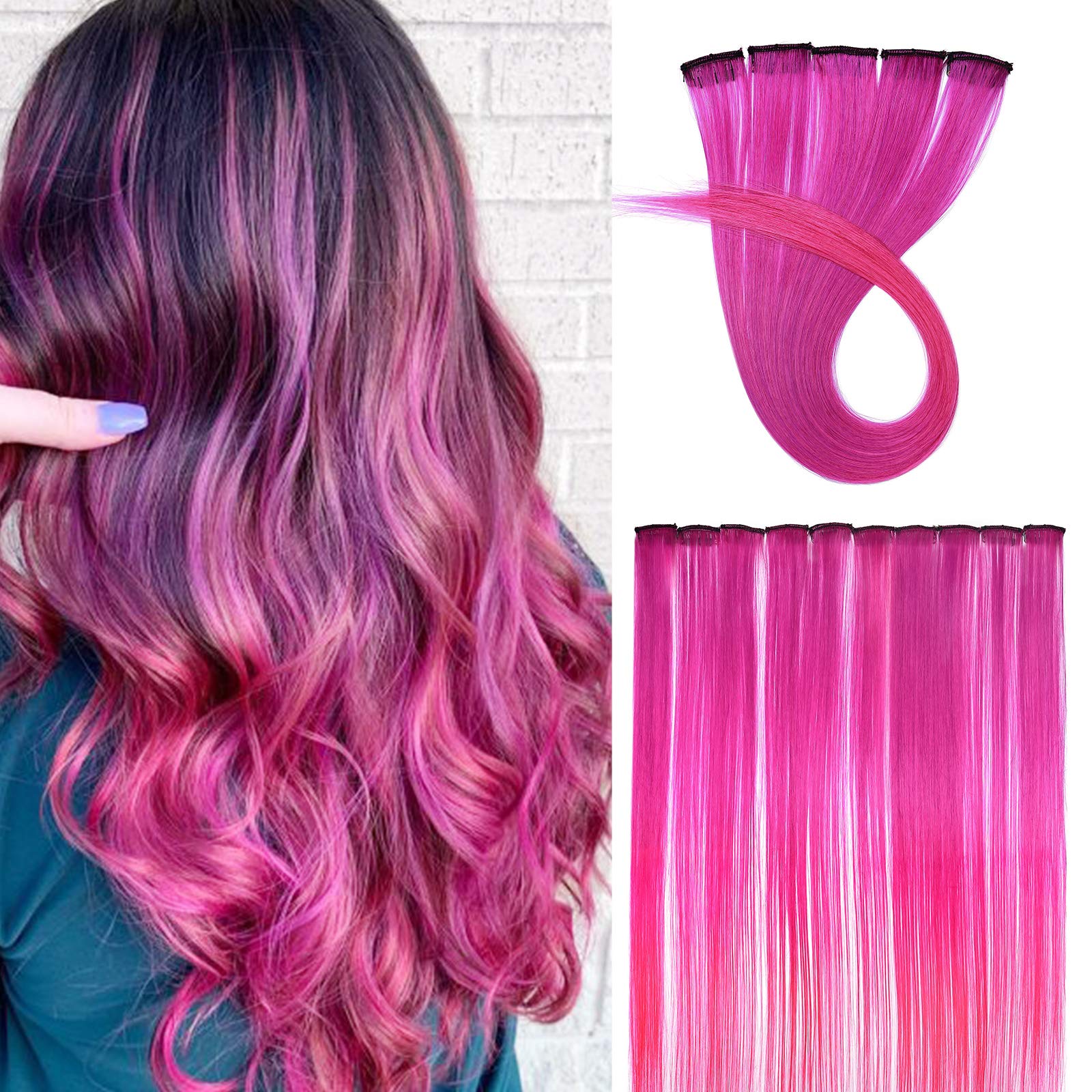 10Pcs 20" Rainbow Color Straight Hair Extensions Clip in Multi-Color Synthetic Coloured Clip on Hair Extension Party Highlights Hairpiece #Black&Blue