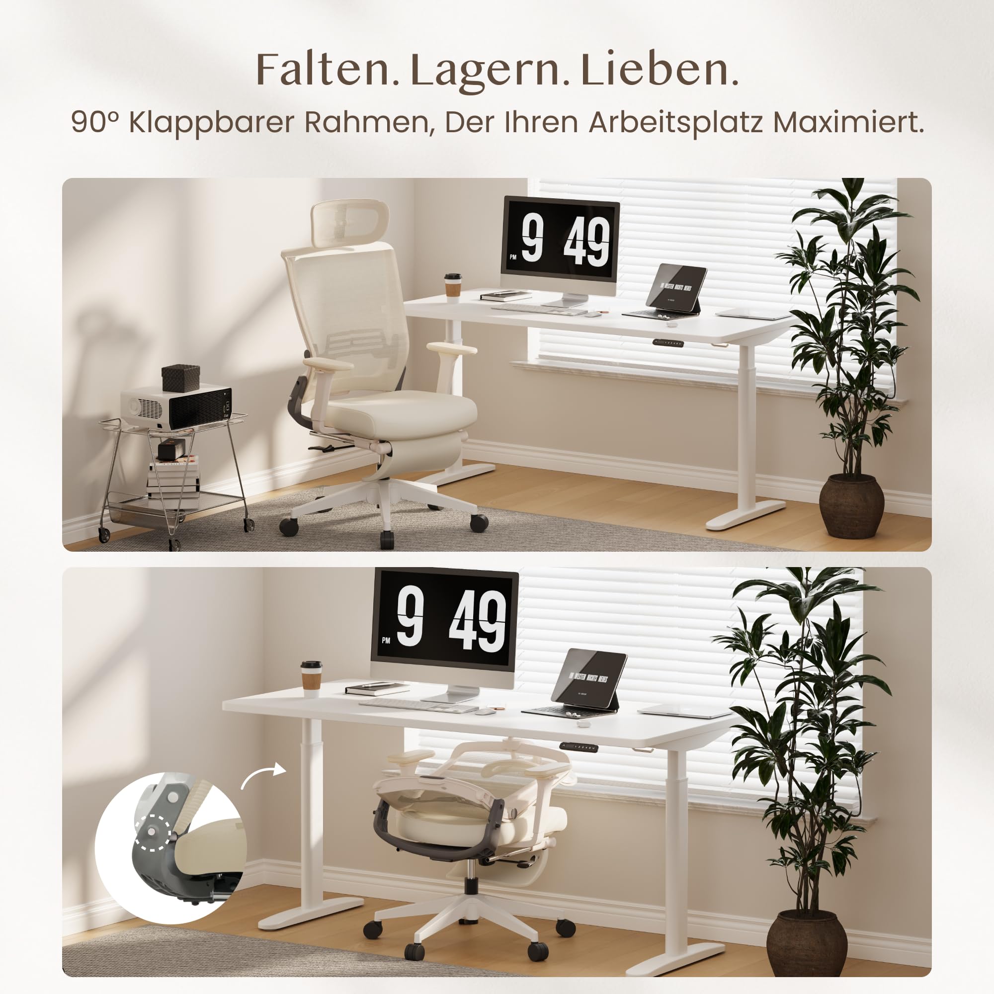 FLEXISPOT Ergonomischer Bürostuhl, Foldex, klappbarer Bürostuhl für Kleine Räume mit Lendenwirbelstütze, Höhenverstellbaren Armlehnen, 2D Kopfstütze, Schreibtischstühle mit Fußstütze Creamweiß 3