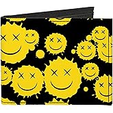 Buckle-Down Wallet, Bifold, Smiley Face Splatter Scattered Black Yellow, Canvas