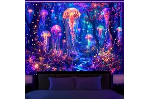 Simpkeely Blacklight Jellyfish Forest Tapestry, UV Reactive Fantasy Vibrant Neon Art Decor, Glow in the Dark Aquatic Life Wal