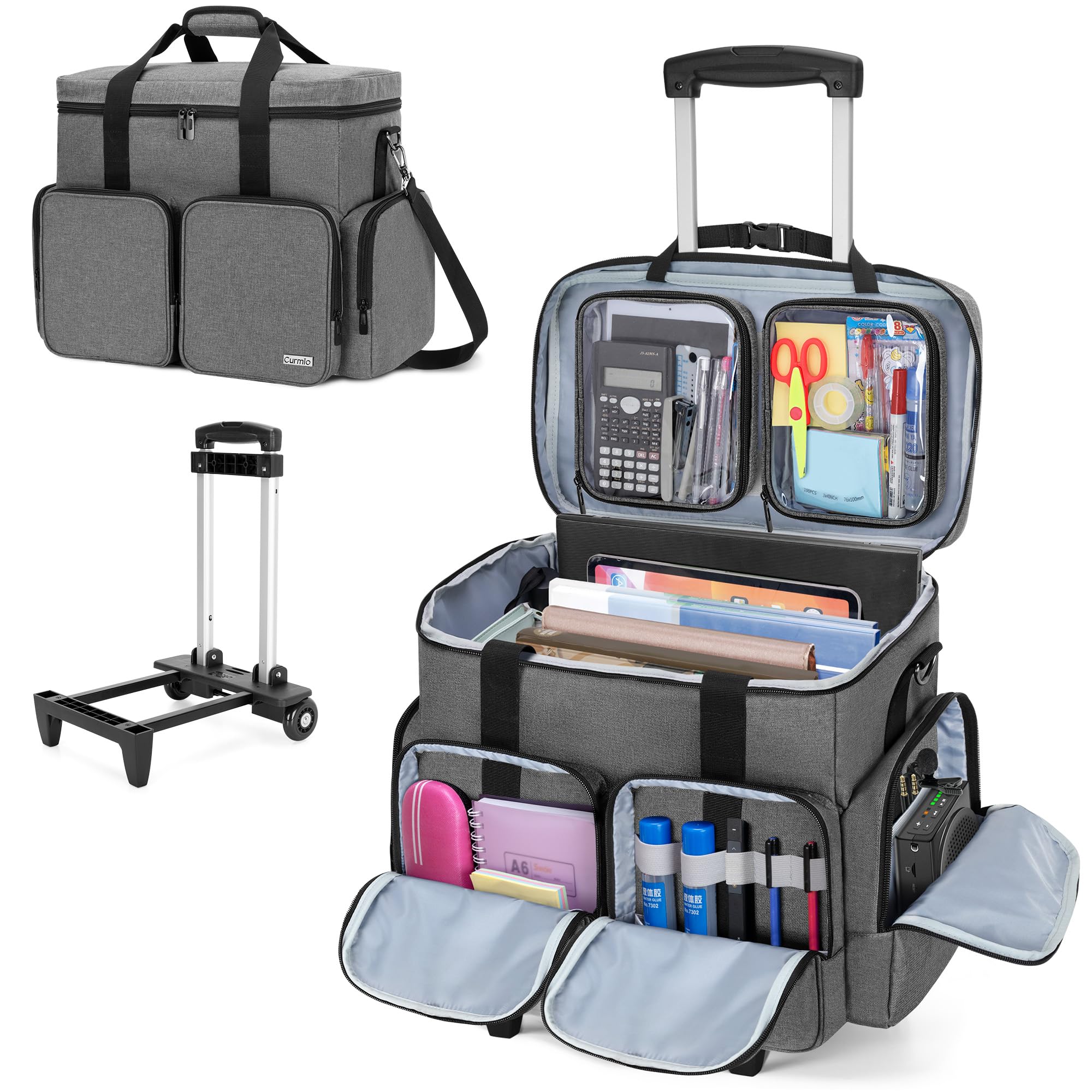 Photo 1 of CURMIO Rolling Teacher Tote Bag with Padded Laptop Compartment for up to 15.6 Inches Laptop, Wheeled Teacher Bag for Teaching, Office, Craft, Gray