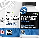 RENEW ACTIVES Magnesium Glycinate – 400mg Per Serving (2 Capsules) – High-Absorption Bisglycinate Form for Deep Relaxation, M