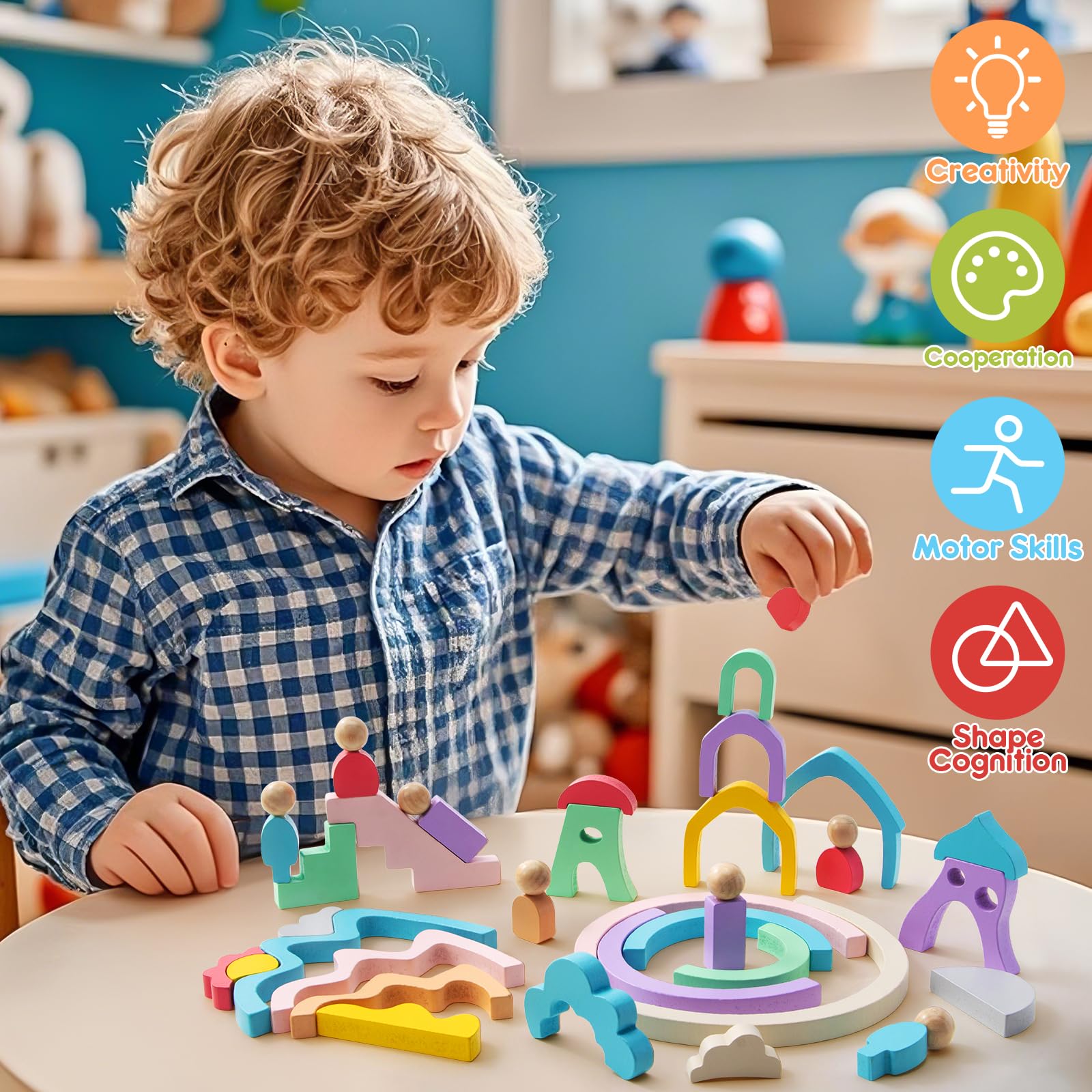 Lewo Wooden Building Blocks for Toddlers, 46 Pcs Montessori Stacking Toys with Rainbow/Little People/Tree/House/Mountain, Learning Toddler Toys Birthday Gifts for Baby Kids 3 4 5 Years Old