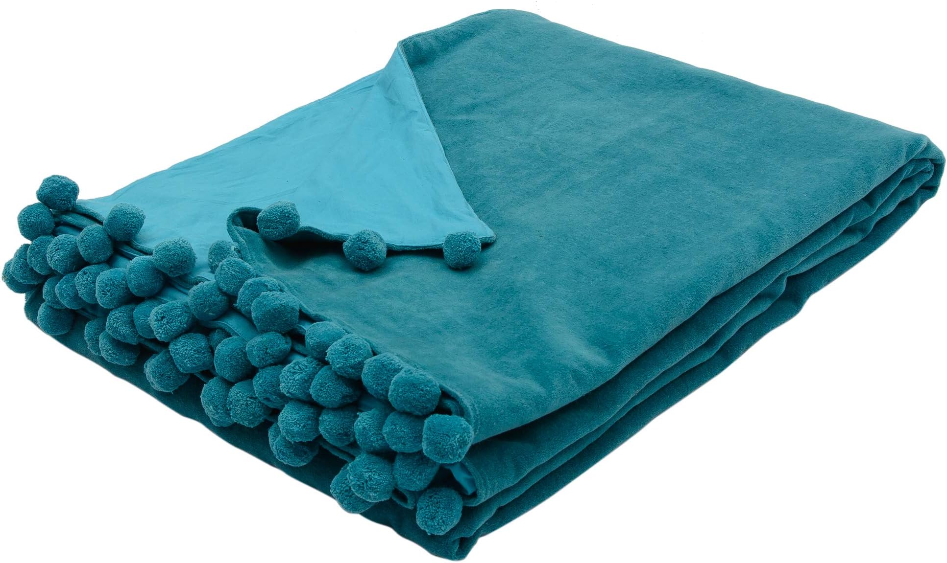 Ragged Rose 140 cm x 180 cm Throw Blanket - Pom Pom Throw Made of Cotton Velvet with Pompom Trims on Sides - Versatile Cotton Velvet Blanket for Sofa & Bed