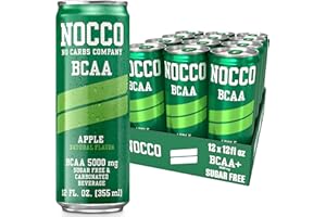 NOCCO BCAA Drink Apple Caffeine Free - 12 Fl Oz (Pack of 12) - 0mg of Caffeine, 5000mg of BCAAs - Sugar Free & Low Calorie Carbonated Drink with Vitamin B6, B12, & Biotin - Grab & Go Performance Drink
