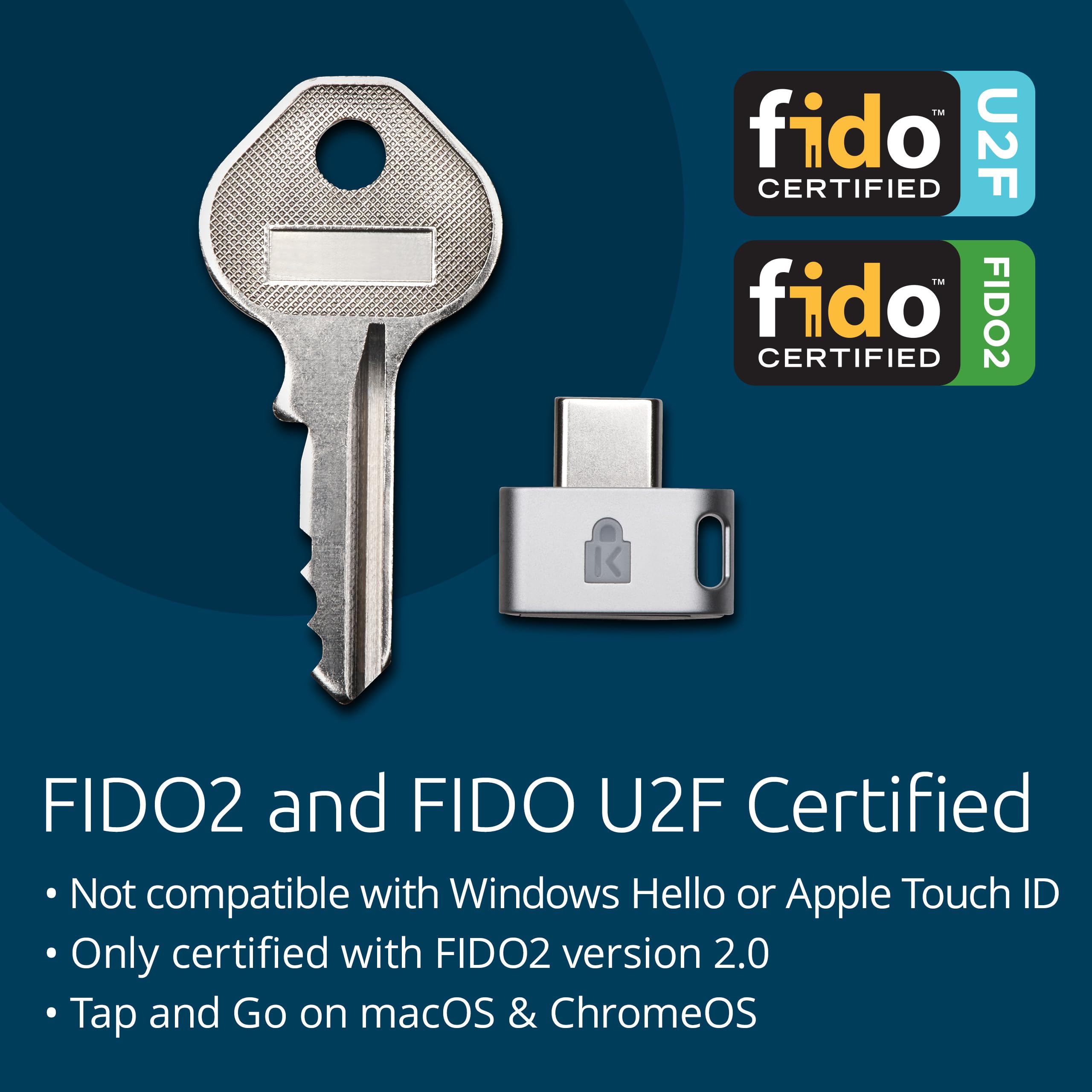 Kensington FID0 U2F and FIDO2 USB-C Security Key and Fingerprint Reader - Windows, macOs, Chrome