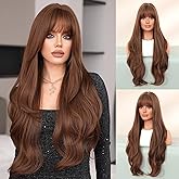 7JHH WIGS Long Wavy Brown Wig with Bangs 32in Chocolate Reddish Brown Heat Resistant Fiber Layered Synthetic Curly Wave Wig for Cosplay Christmas Gifts Party Used