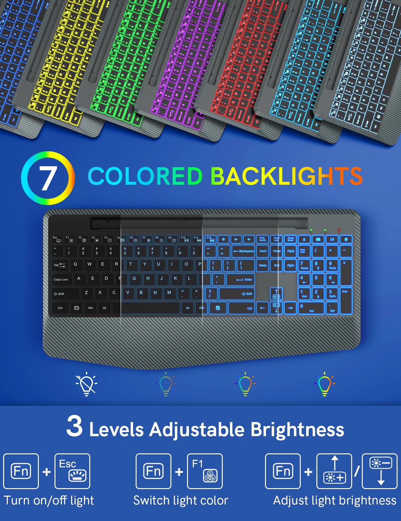 Mua Trueque Wireless Keyboard with 7 Colored Backlits, Wrist Rest ...