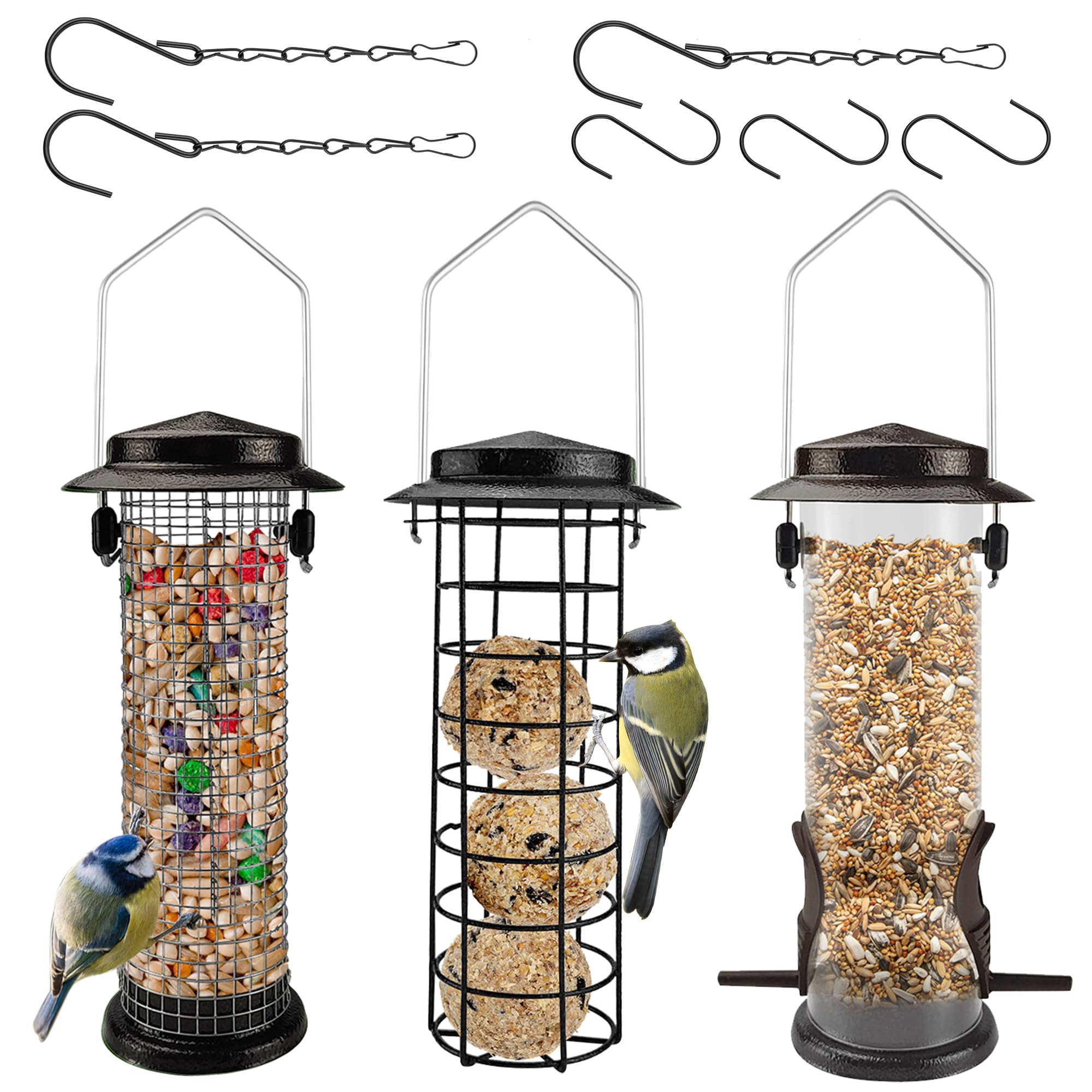 Urban Deco Metal Bird Feeders Hanging Station Fat Ball Bird Feeder Mesh Squirrel Feeder With Steel Hook Bird Seed Feeder - Weather Proof See Through Bird Feeder For Small Birds - Coffee - Pack Of 3