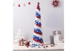 GEEK-M 4th of July Decor, Patriotic Pop up Pencil Christmas Tree,4.9 Ft Christmas Tinsel Tree,Sequin Star Ornaments Garland Collapsible Tree for Independence Day Memorial Home Decor
