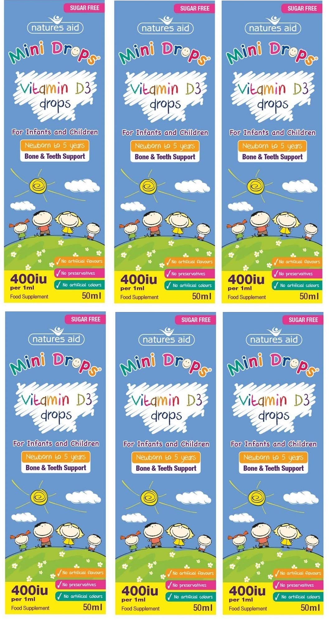 Natures Aid Vitamin D3 Drops, Bone Health, Immune Health, Infants and Children, Sugar Free, 50 ml (Pack of 6)