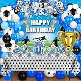 Soccer Birthday Party Decorations, 131PCS Blue Soccer Birthday Party Supplies Including Tablecloth Backdrop Banner Cake Topper Latex Balloons Foil Balloons Decorations Kit for Sport Ball Theme
