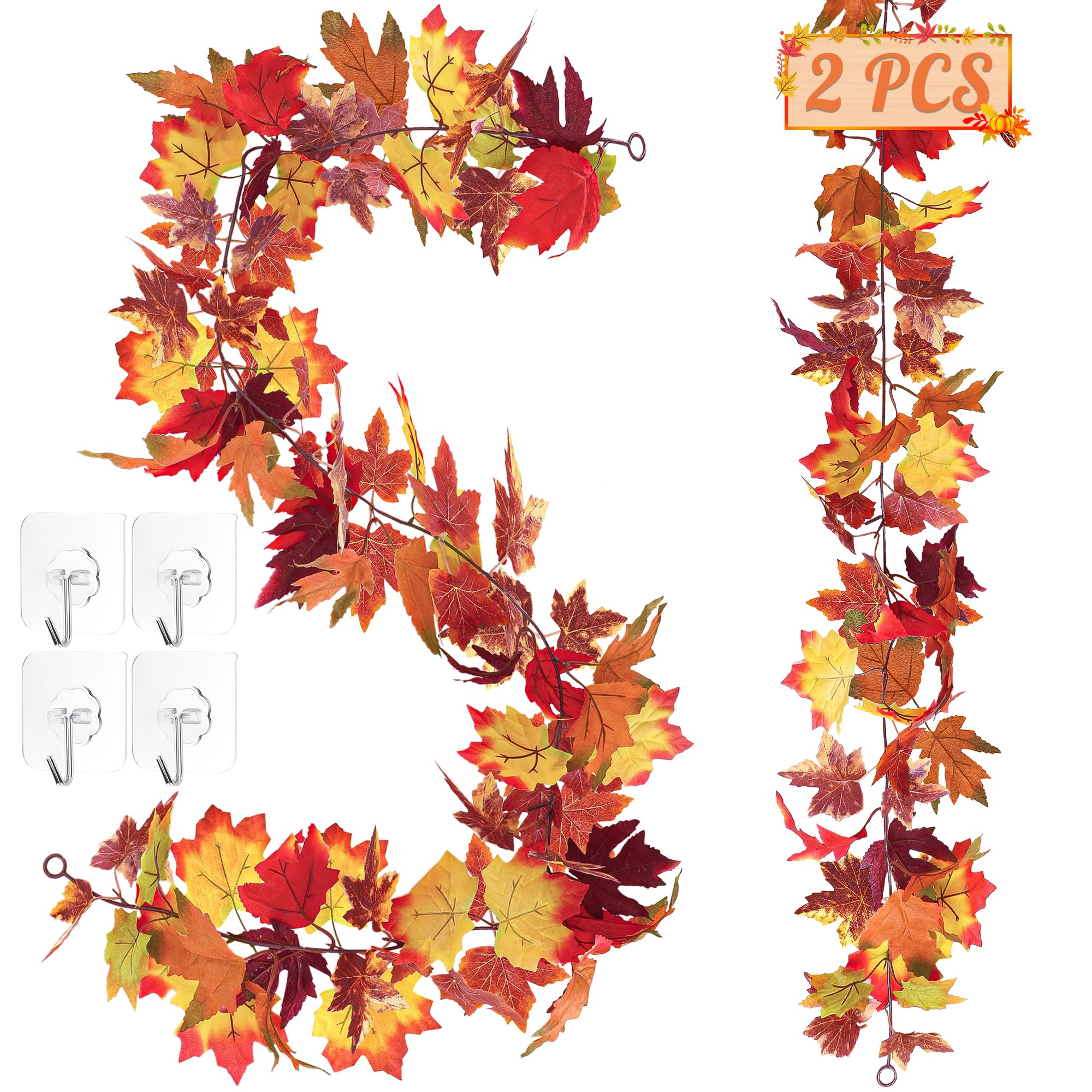Photo 1 of 2 PCS Fall Decor, 11.8FT Fall Garland for Mantle, Fall Decorations for Home, Thanksgiving Decorations Indoor, Halloween Autumn Maples Leaf Garland for Autumn Decor Wedding Party