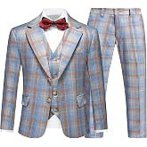 Boys Plaid Suit Sets 3 Piece Kids Formal Tuxedo Suits | Boys Dress Suit Jacket Pants Vest Sets Slim Fit Ring Bearer Outfit Tweed Pinstripe Teen Boy Suit Set Wedding Outfit