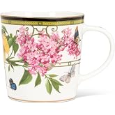 Abbott Collection Butterfly Garden Mug | Bone China with Real Gold Rim, White/Green, 15oz, 4"H