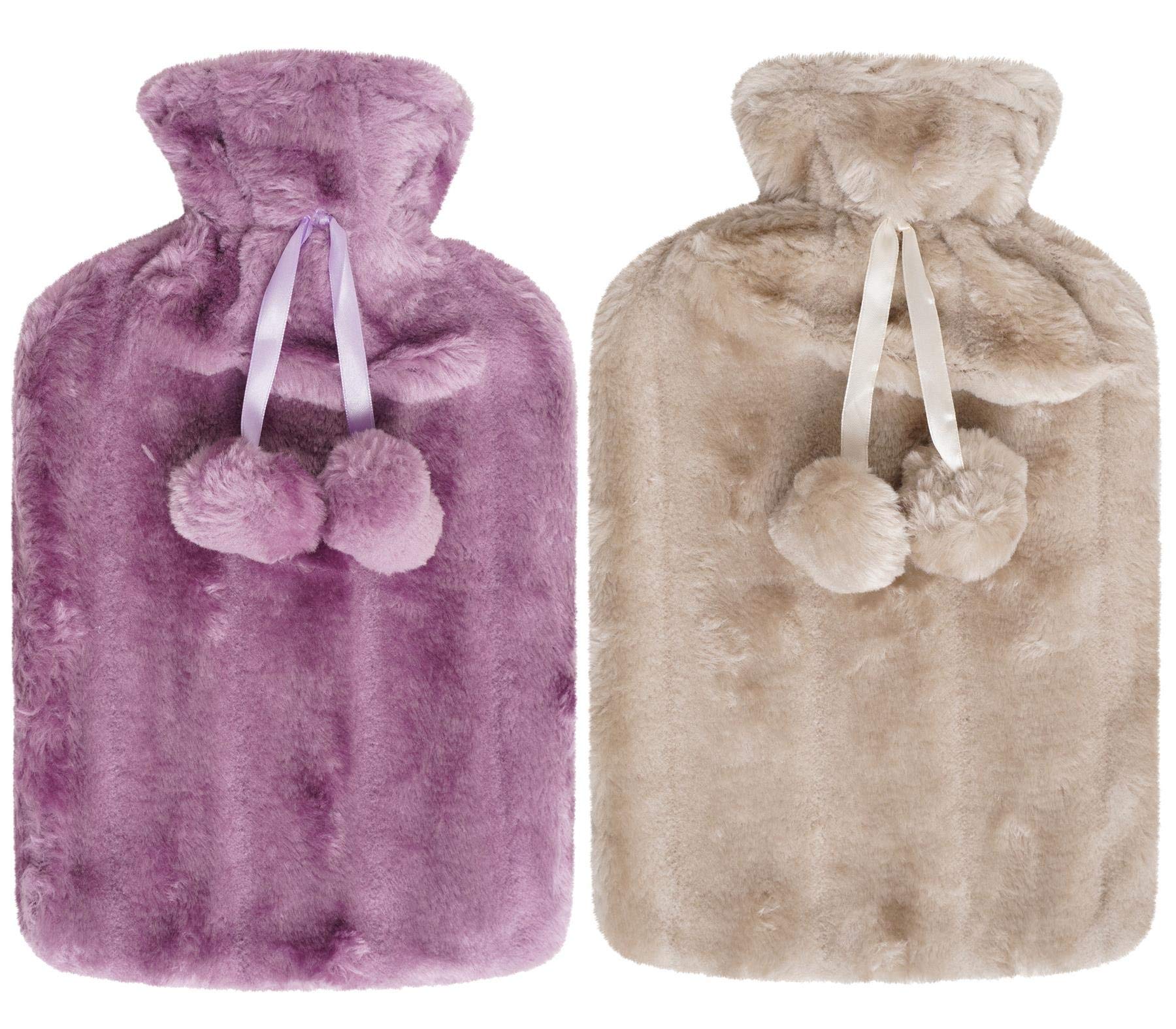 2 x Hot Water Bottles - Luxury Cosy Faux Fur Fleece Cover with Pom Poms - Natural Rubber 2 Litre Capacity - (Mink and Purple)