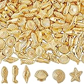 SUNNYCLUE 1 Box 100G Ocean Animal Beads Gold Sea Shell Beads Plastic Shiny Marine Fish Conch Starfish Small Summer Beach Life Loose Spacers for Jewelry Making Crafting DIY Necklace Earring Women