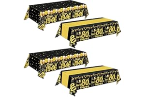 Oigco 4 Pack 80th Birthday Tablecloth, Black and Gold Disposable Plastic Table Cover for Happy 80th Birthday Decorations for 