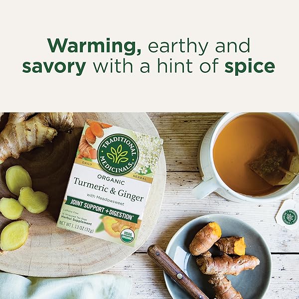 TRADITIONAL MEDICINALS ORGANIC, TURMERIC TEA WITH GINGER & MEADOWSWEET – SUPPORTS NORMAL RESPONSE TO INFLAMMATION – KOSHER, NON-GMO, CAFFEINE-FREE, COMPOSTABLE – 16 TEA BAGS