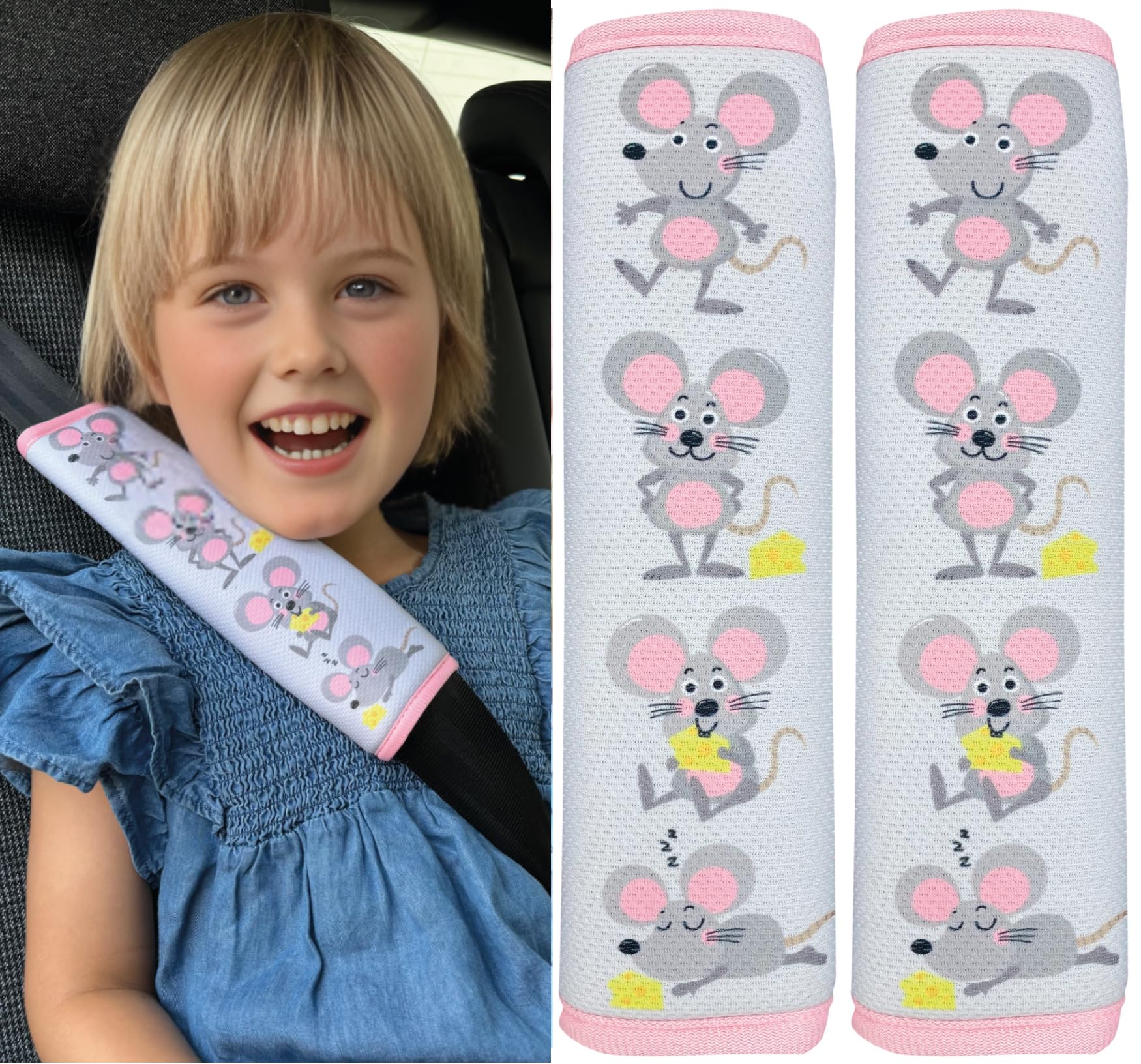 HECKBO 2X Kids Car Seat Belt Pads Seat Belt Protectors - Mouse - Seat Belt Pads for Kids and Babies- Ideal for Any Seat Belt Car Booster Seat Kids Bicycle