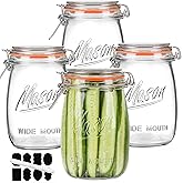 Anwoi Wide Mouth Glass Jars with Airtight Lid 32OZ 4 Pack, Kitchen Storage Large Clear Canister Jars with Hinged Lid with Measurement Marks For Canning,Coffee,Flour,Sugar,Beans