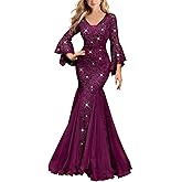 Miusol Women's Deep V Neck Sequin Lace Mesh Tulle Hem Formal Evening Maxi Dress