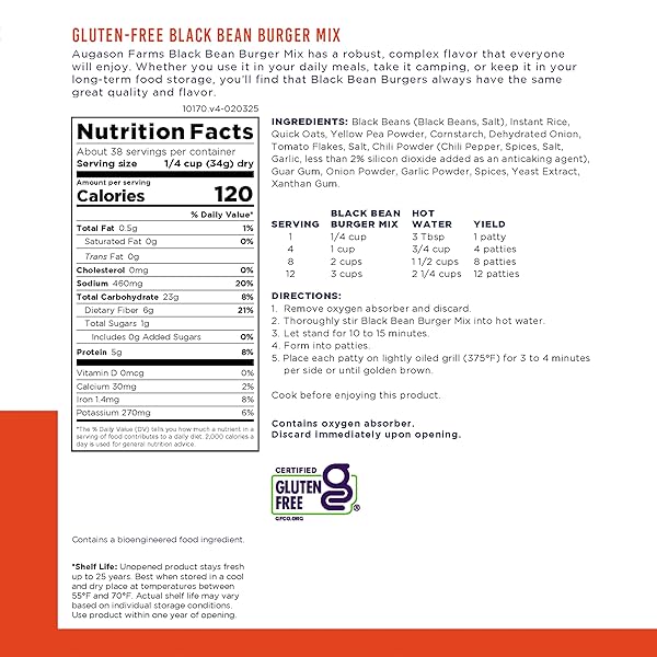 AUGASON FARMS BLACK BEAN BURGER MIX CAN, CERTIFIED GLUTEN FREE, EMERGENCY FOOD SUPPLY, EVERYDAY MEALS, 38 SERVINGS