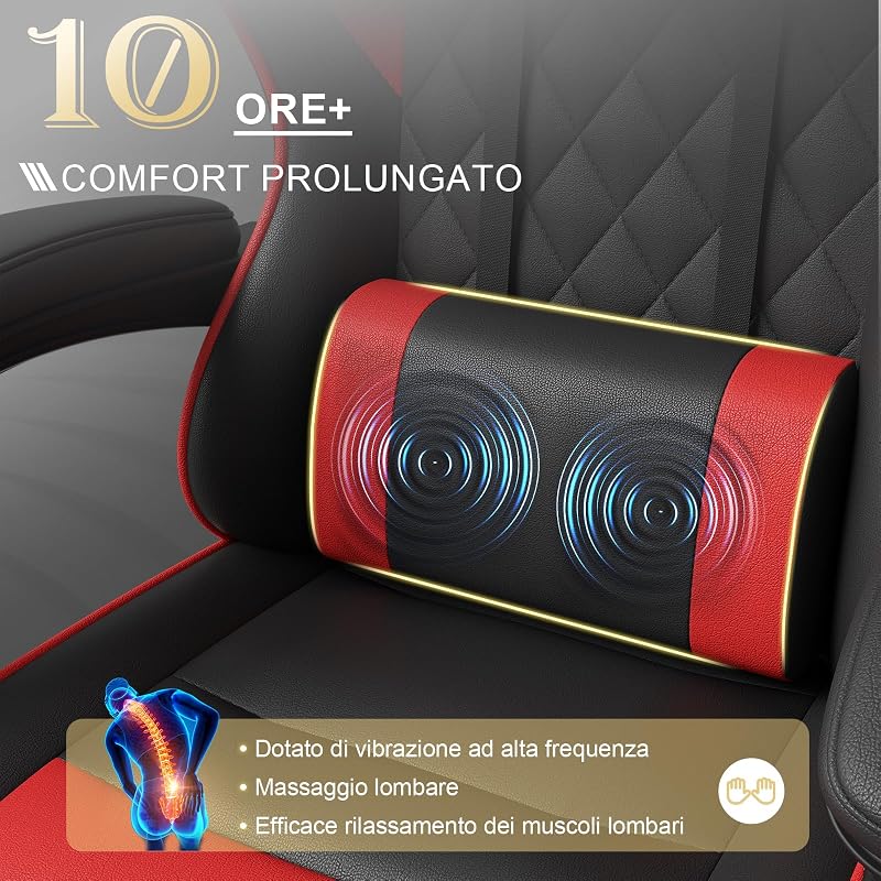 Sedia da Gaming Massaggiante,Sedia Gamer con Poggiapiedi Telescopico,Regolabile 90-150°,Poltrona da Gaming con Poggiatesta e Cuscino Lombare, Ufficio,Portata 150kg(Rosso)