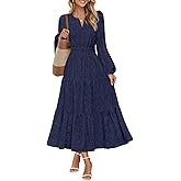 MEROKEETY Women's Fall Long Sleeve Floral Maxi Dress Lace Eyelet Hollow Out Tiered Boho Wedding Guest Dresses Pockets